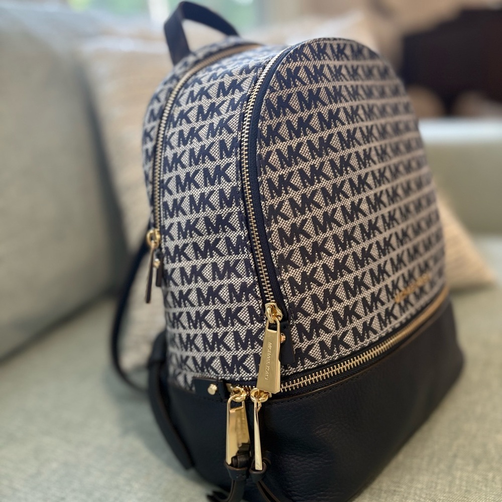 Michael Kors Navy and Gold Monogram Backpack